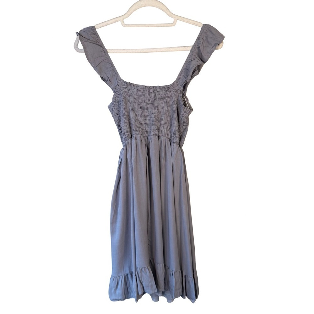 Olivia + James Gray Blue Smoked Ruffle Mini Dress Size M Feminine Summer Flowy - Picture 3 of 11